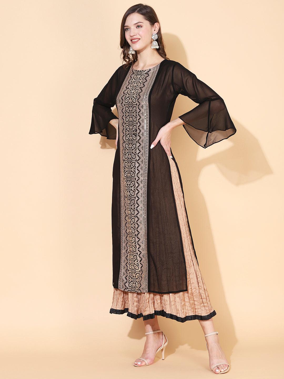 Solid Resham Embroidered Dress With Tiered Inner - Black & Beige - Indiakreations