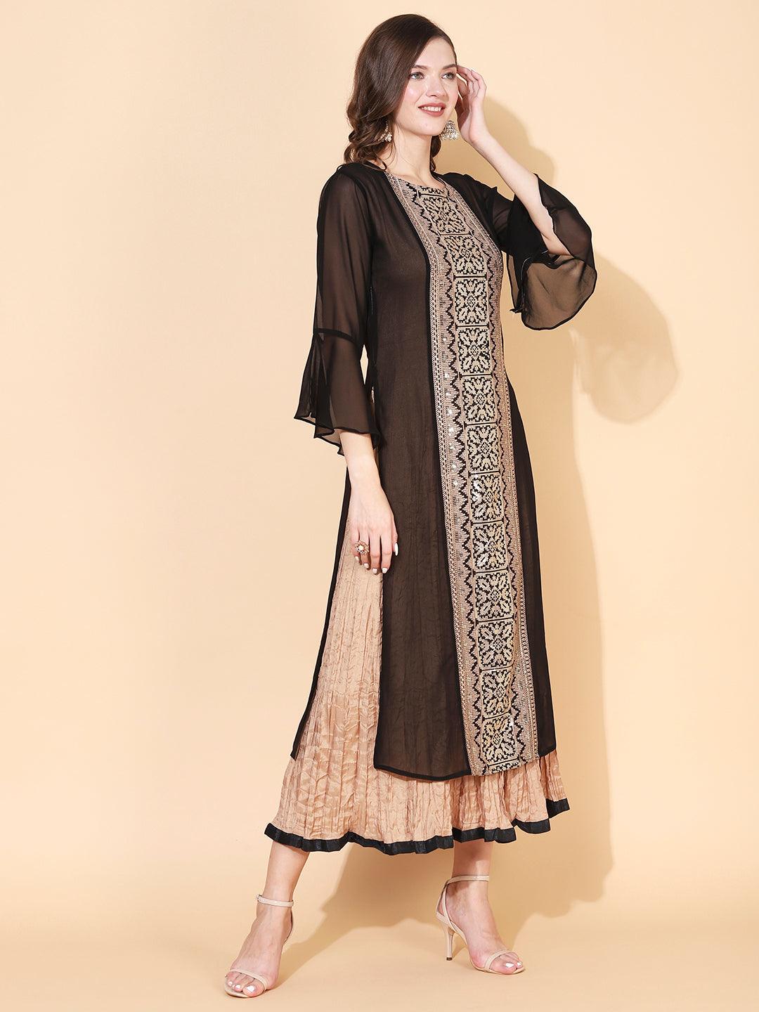 Solid Resham Embroidered Dress With Tiered Inner - Black & Beige - Indiakreations