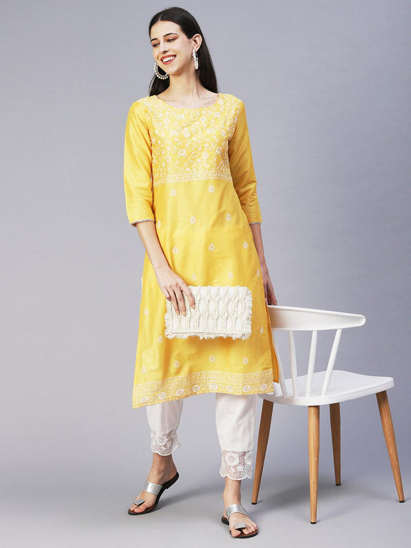 Solid Floral Embroidered Straight Fit Kurta - Yellow - Indiakreations