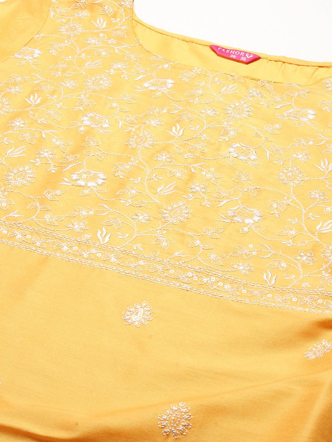 Solid Floral Embroidered Straight Fit Kurta - Yellow - Indiakreations