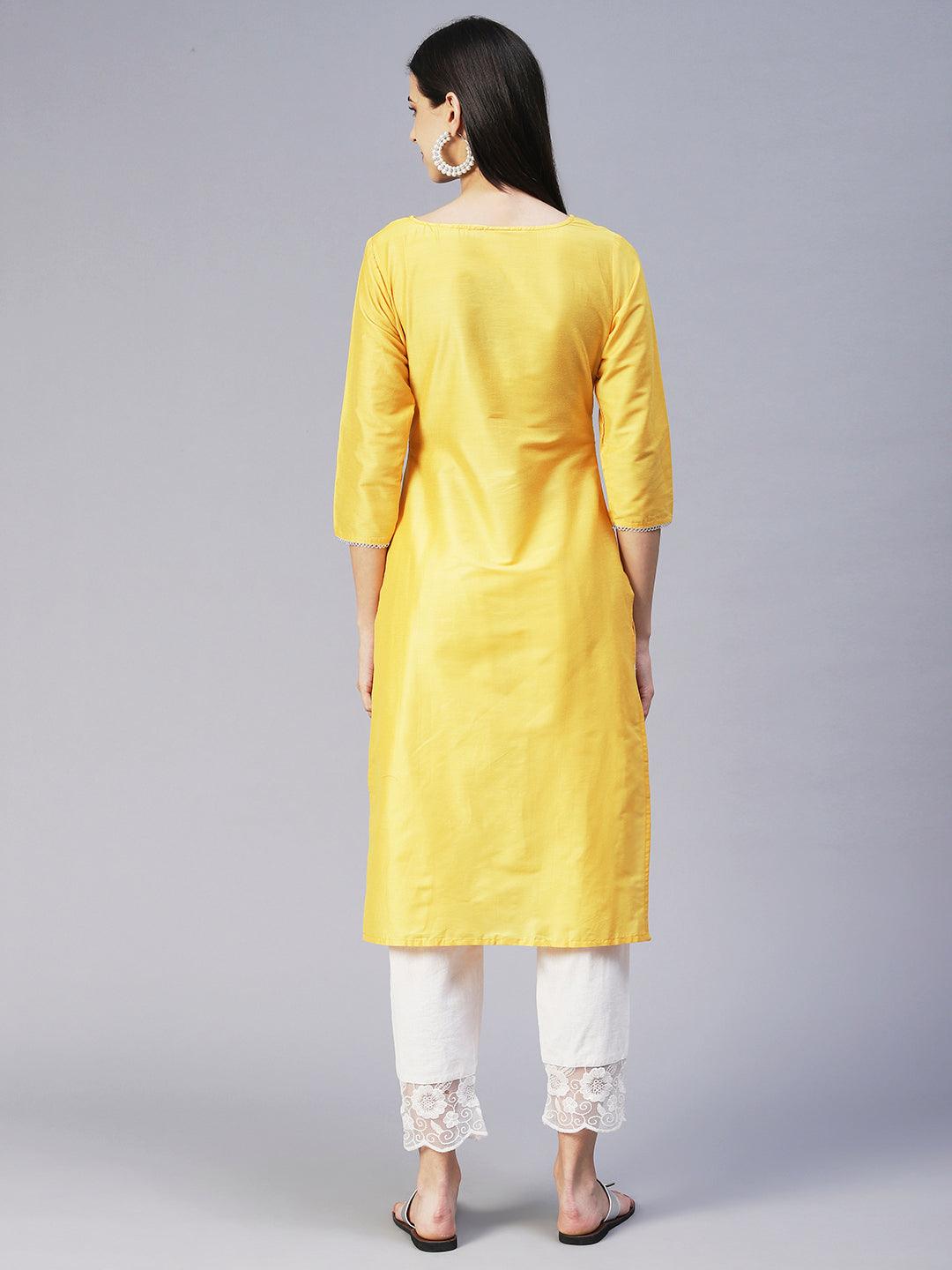 Solid Floral Embroidered Straight Fit Kurta - Yellow - Indiakreations