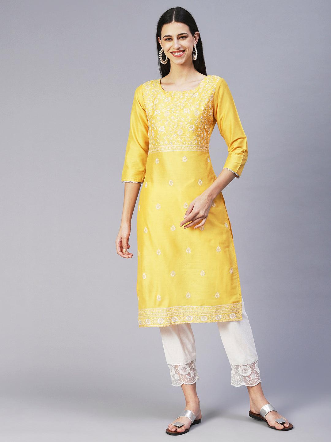 Solid Floral Embroidered Straight Fit Kurta - Yellow - Indiakreations