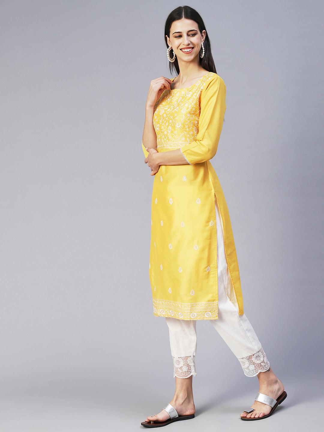 Solid Floral Embroidered Straight Fit Kurta - Yellow - Indiakreations