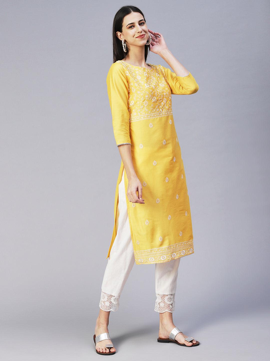 Solid Floral Embroidered Straight Fit Kurta - Yellow - Indiakreations