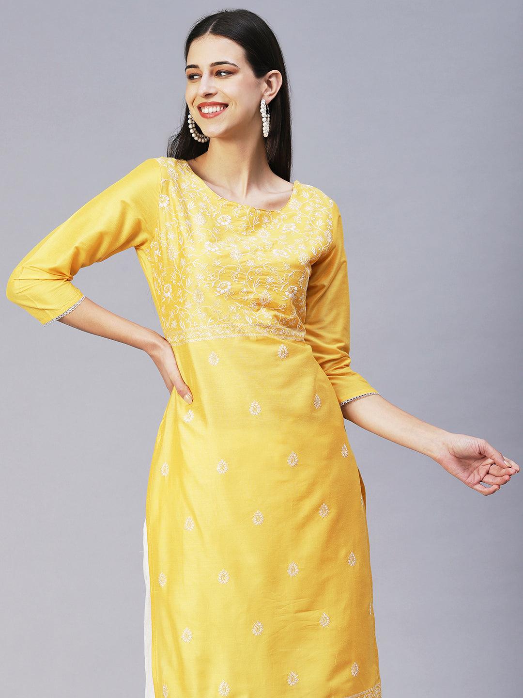 Solid Floral Embroidered Straight Fit Kurta - Yellow - Indiakreations