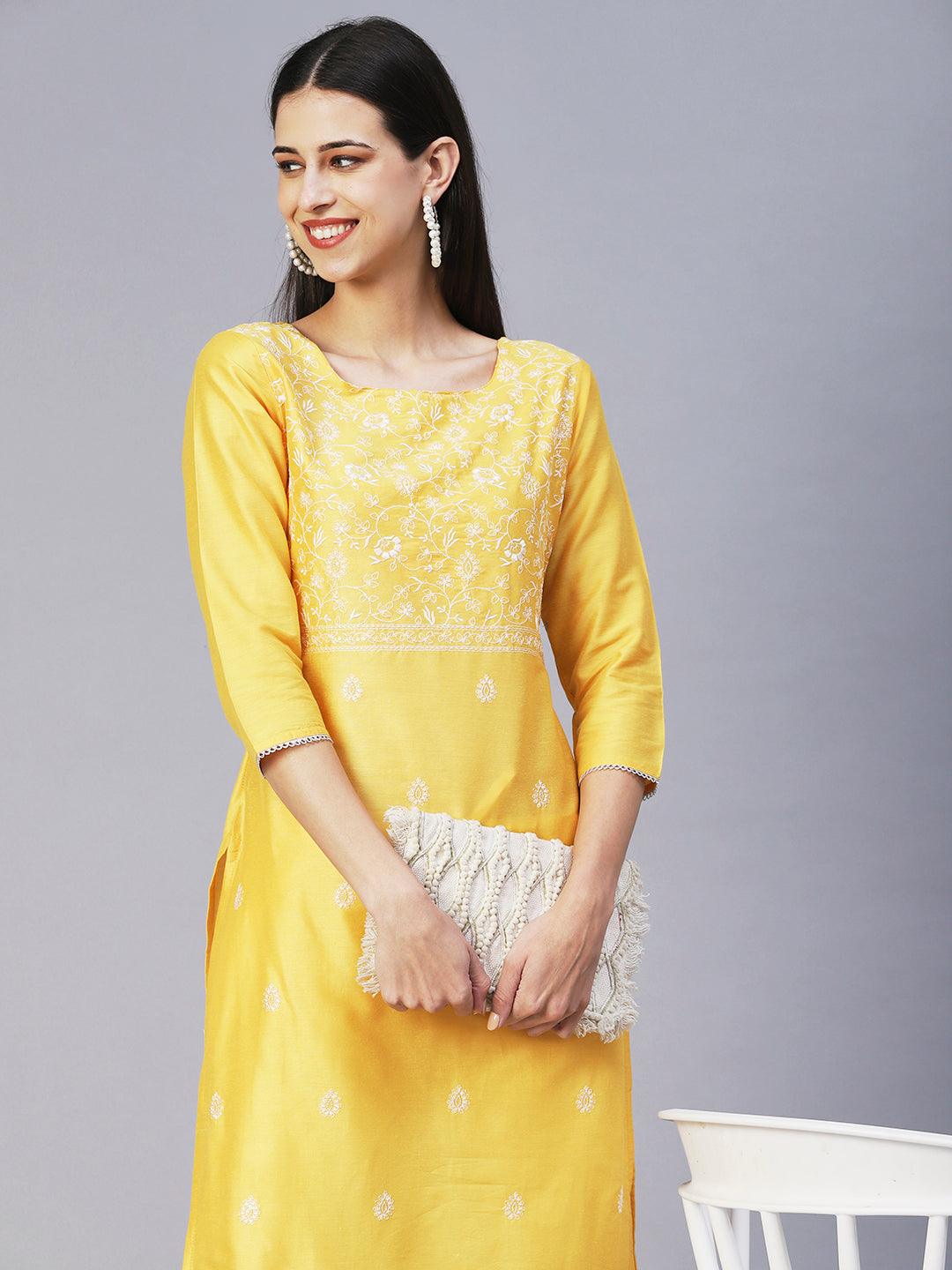 Solid Floral Embroidered Straight Fit Kurta - Yellow - Indiakreations