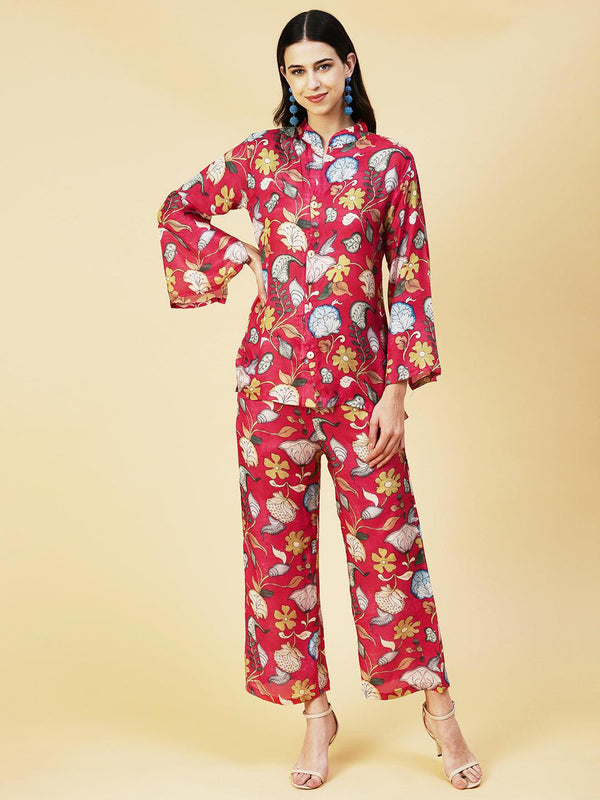 Floral Printed Straight Fit Co-ord Set - Red - Indiakreations