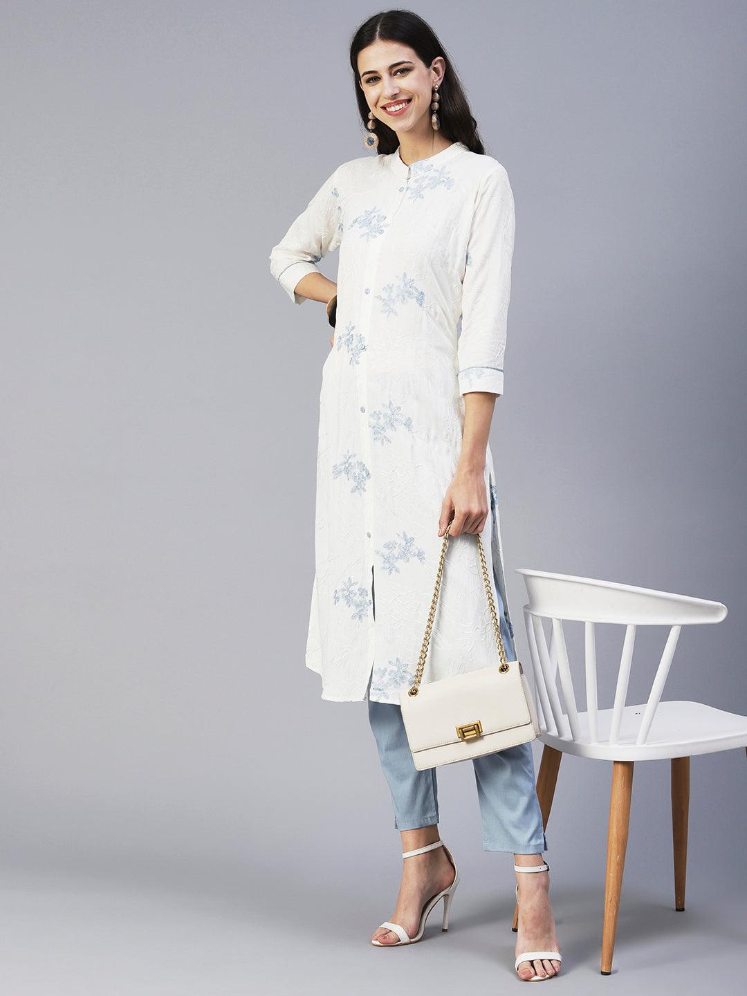 Solid Floral Jaal Resham Embroidered Kurta With Pants - White & Blue - Indiakreations