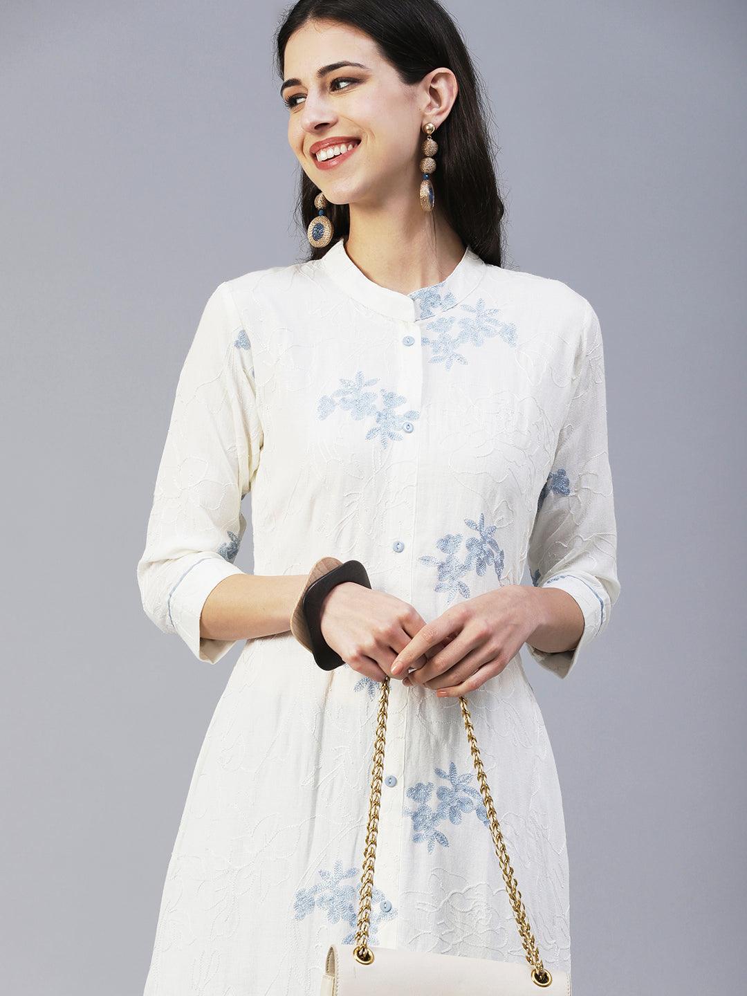 Solid Floral Jaal Resham Embroidered Kurta With Pants - White & Blue - Indiakreations