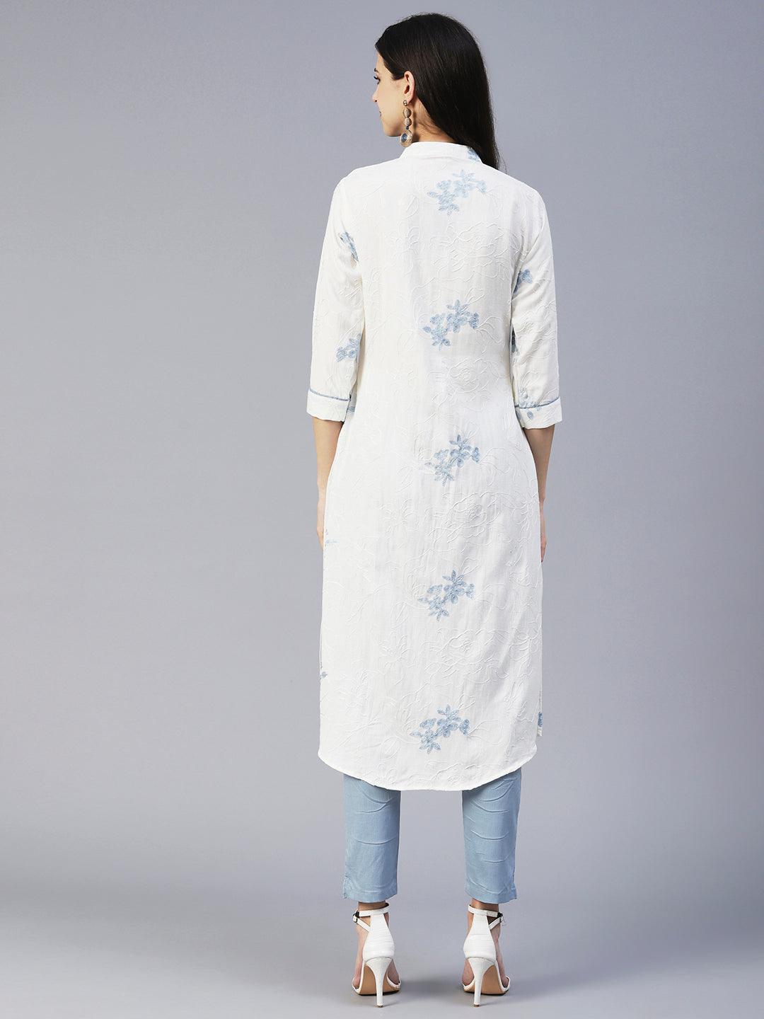 Solid Floral Jaal Resham Embroidered Kurta With Pants - White & Blue - Indiakreations