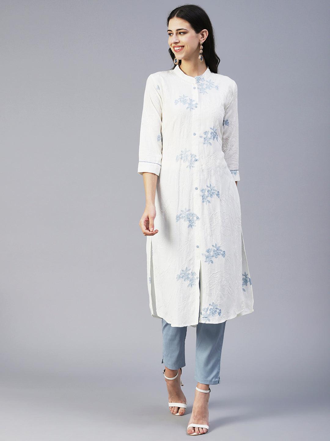 Solid Floral Jaal Resham Embroidered Kurta With Pants - White & Blue - Indiakreations