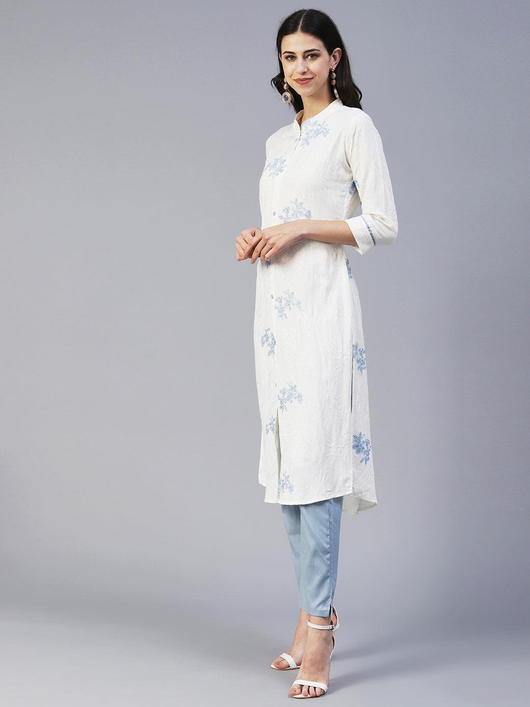 Solid Floral Jaal Resham Embroidered Kurta With Pants - White & Blue - Indiakreations