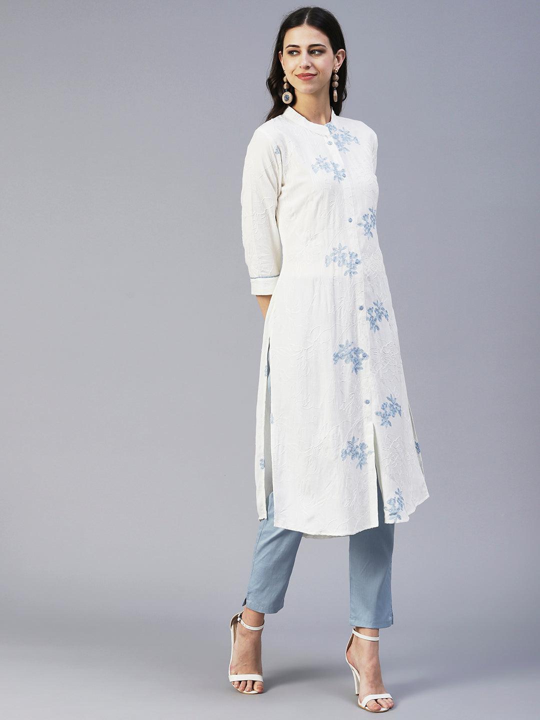 Solid Floral Jaal Resham Embroidered Kurta With Pants - White & Blue - Indiakreations