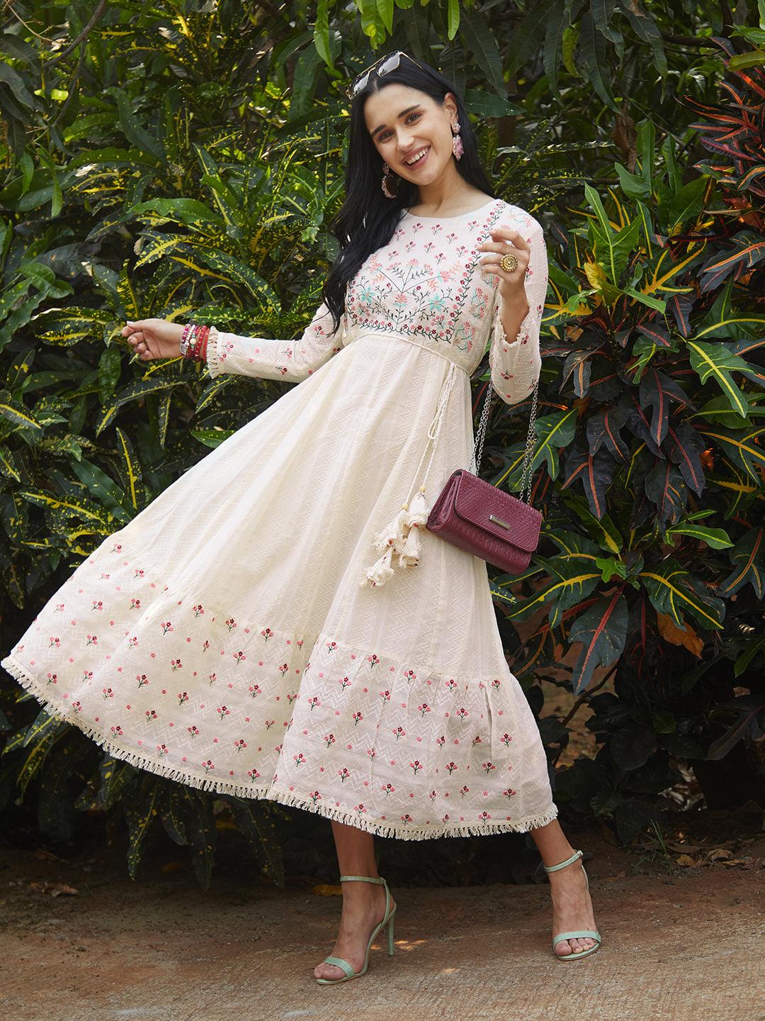 Floral Embroidered Anarkali Flared Maxi Dress - Off White - Indiakreations