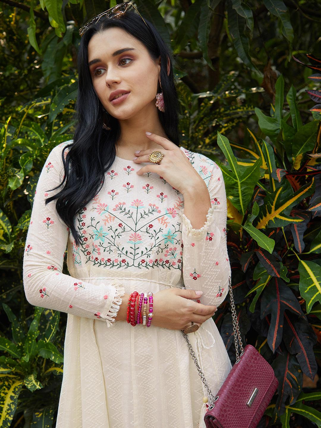 Floral Embroidered Anarkali Flared Maxi Dress - Off White - Indiakreations