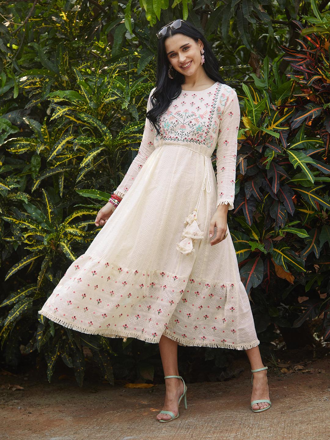 Floral Embroidered Anarkali Flared Maxi Dress - Off White - Indiakreations