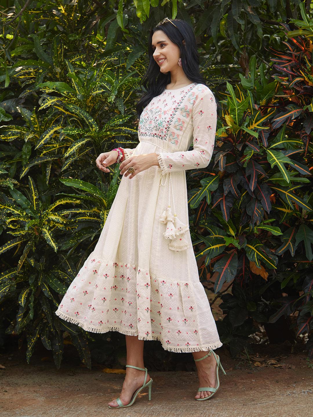 Floral Embroidered Anarkali Flared Maxi Dress - Off White - Indiakreations