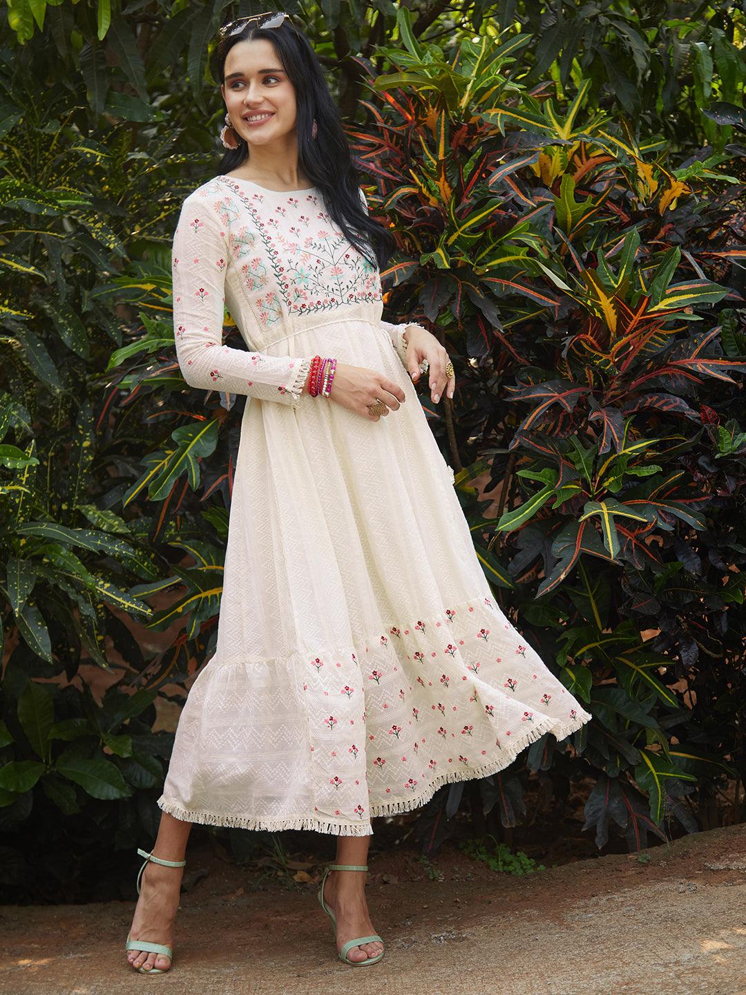 Floral Embroidered Anarkali Flared Maxi Dress - Off White - Indiakreations