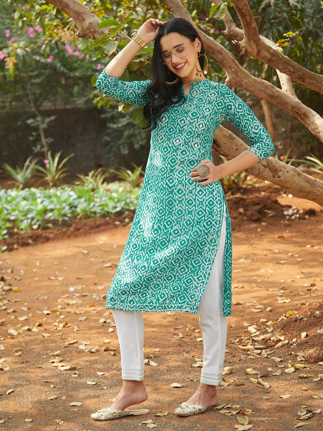 Ethnic Printed & Embroidered Kurta - Sea Green - Indiakreations