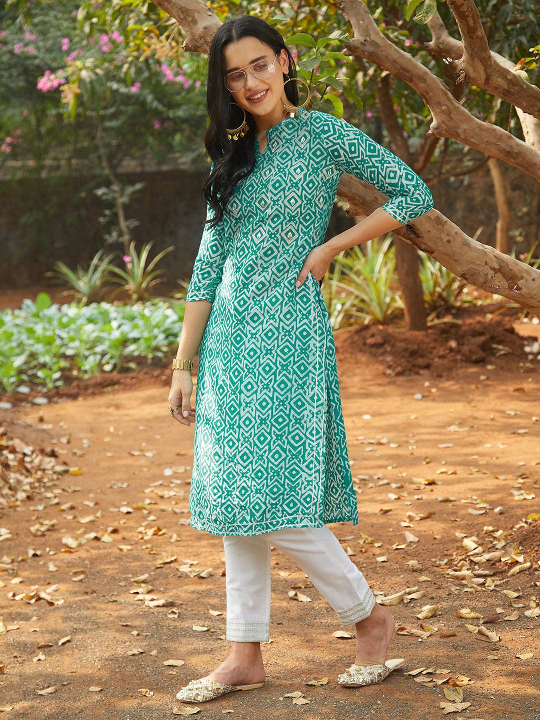 Ethnic Printed & Embroidered Kurta - Sea Green - Indiakreations