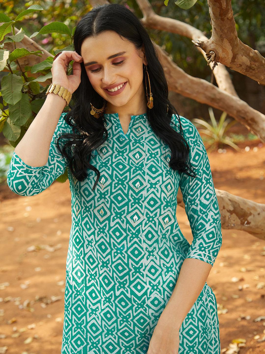 Ethnic Printed & Embroidered Kurta - Sea Green - Indiakreations