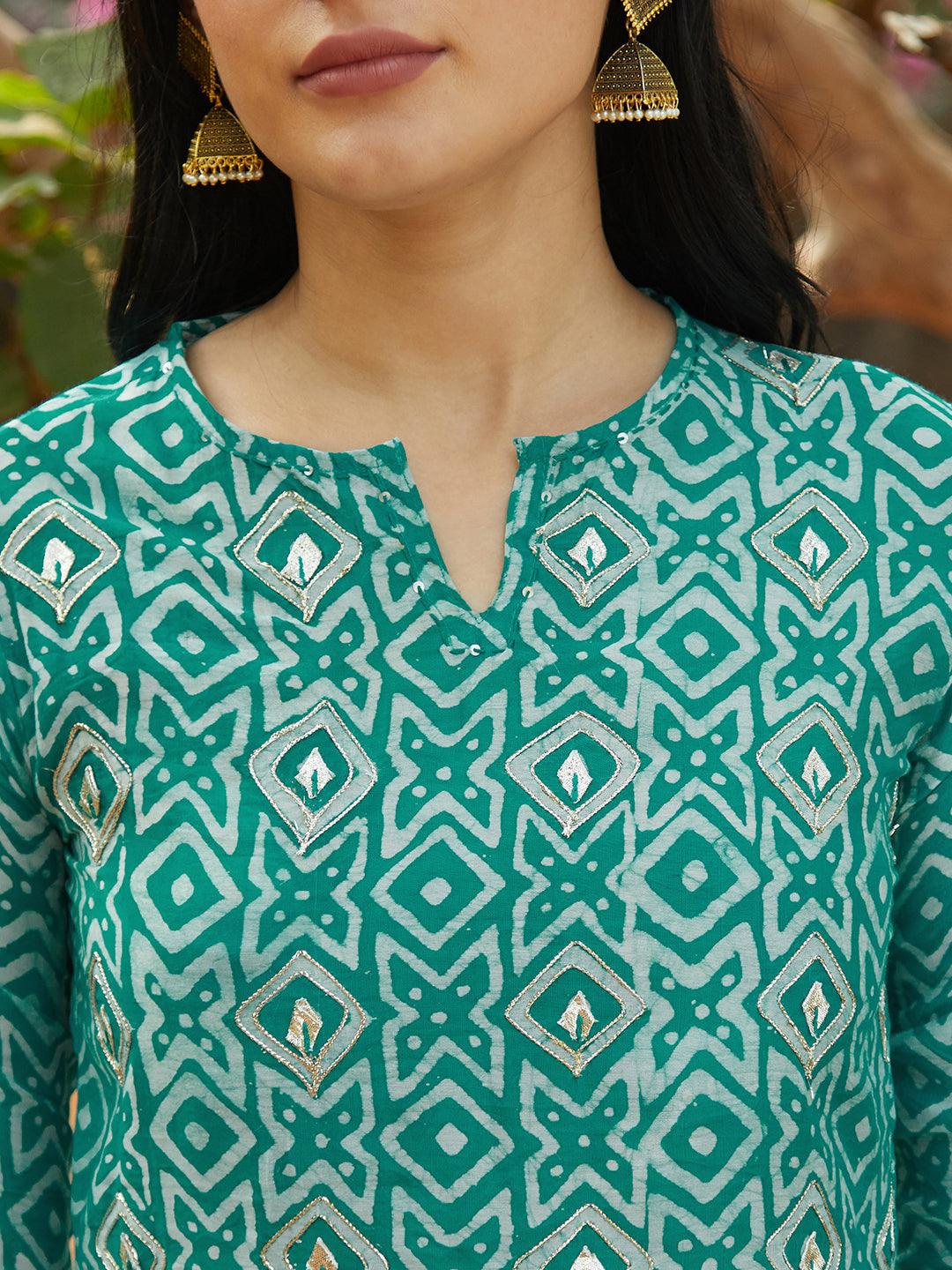 Ethnic Printed & Embroidered Kurta - Sea Green - Indiakreations