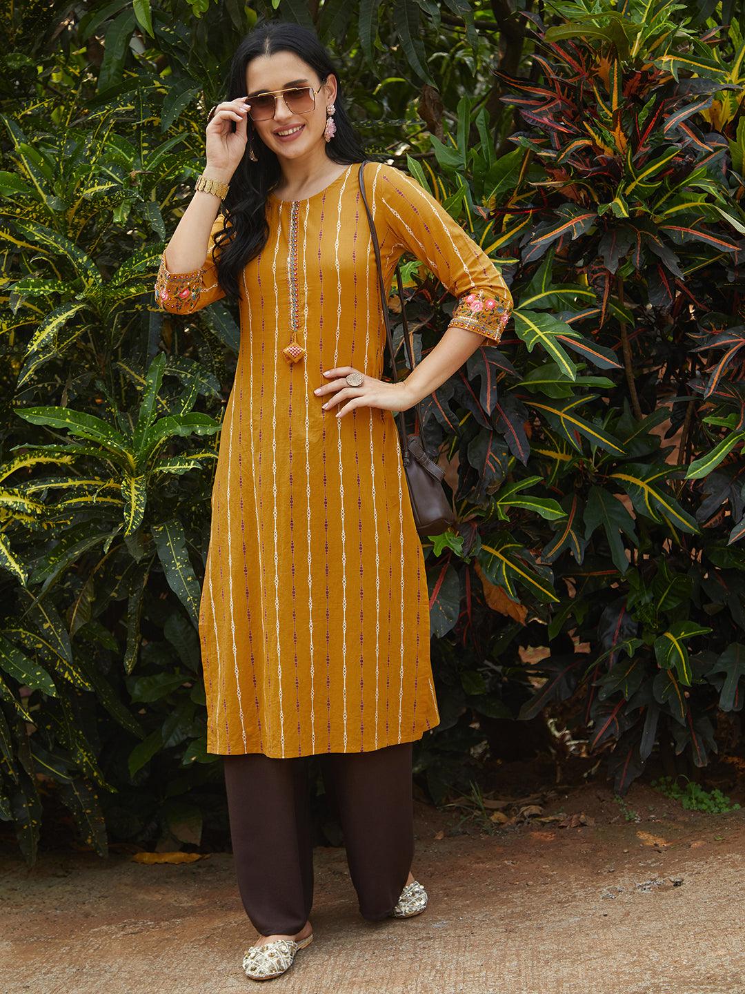 Ethnic Printed & Embroidered Straight Fit Kurta – Mustard - Indiakreations