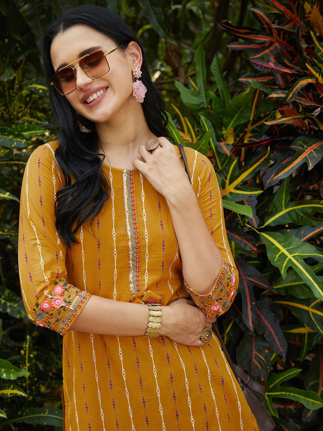 Ethnic Printed & Embroidered Straight Fit Kurta – Mustard - Indiakreations