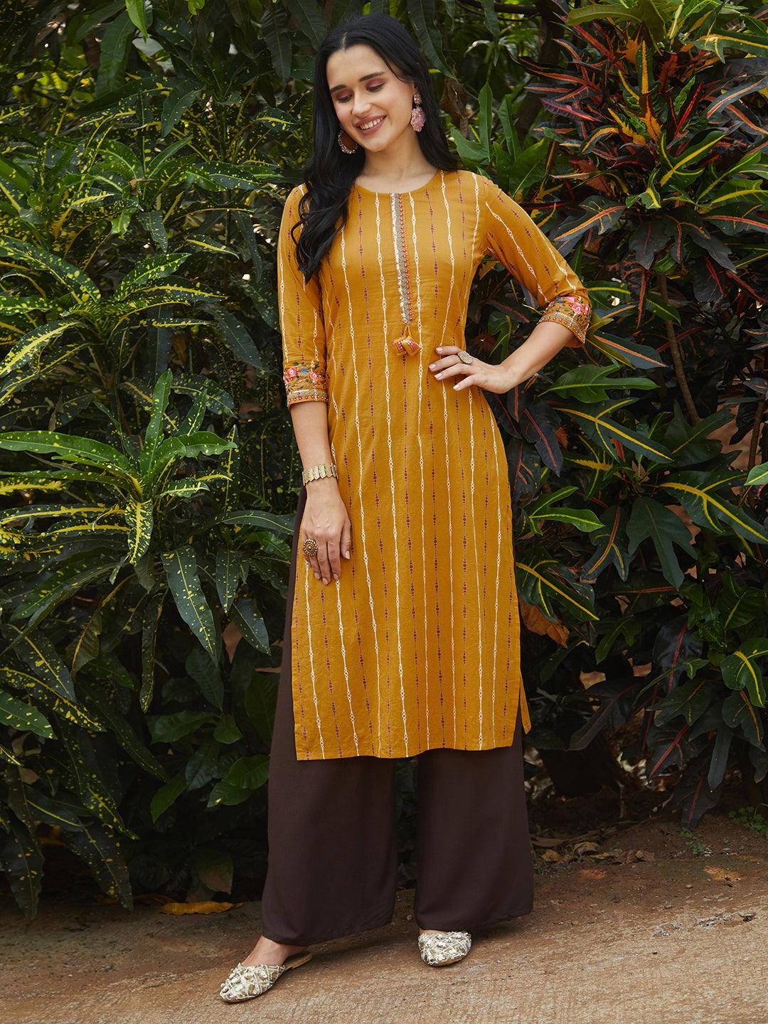 Ethnic Printed & Embroidered Straight Fit Kurta – Mustard - Indiakreations