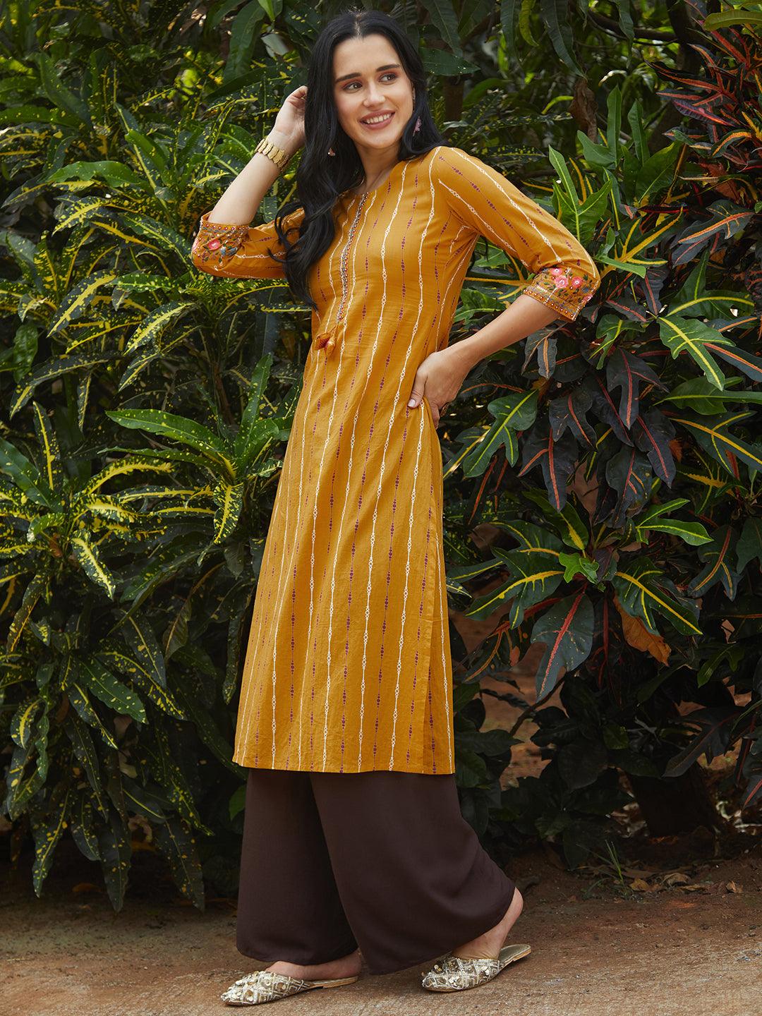 Ethnic Printed & Embroidered Straight Fit Kurta – Mustard - Indiakreations