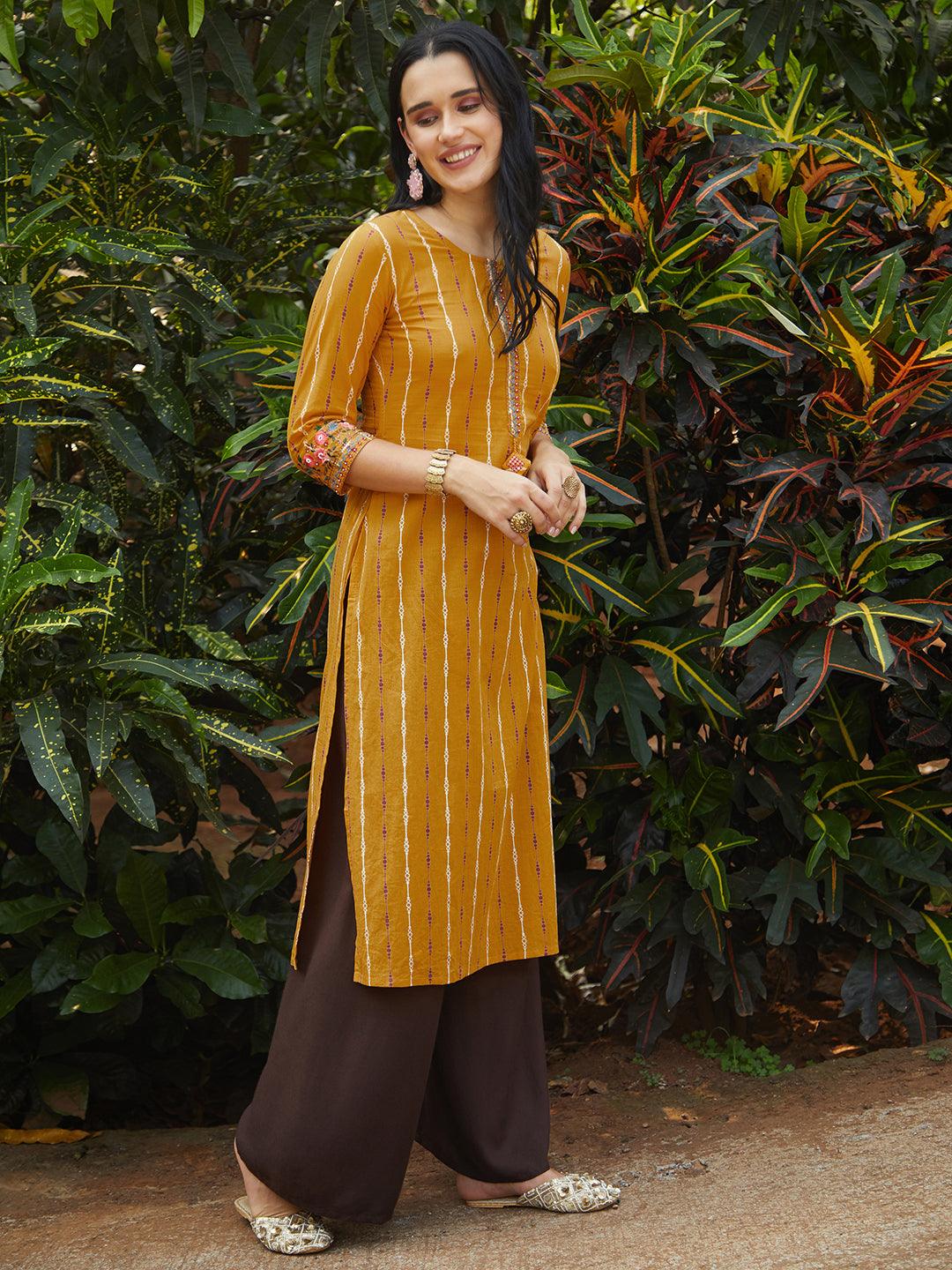 Ethnic Printed & Embroidered Straight Fit Kurta – Mustard - Indiakreations