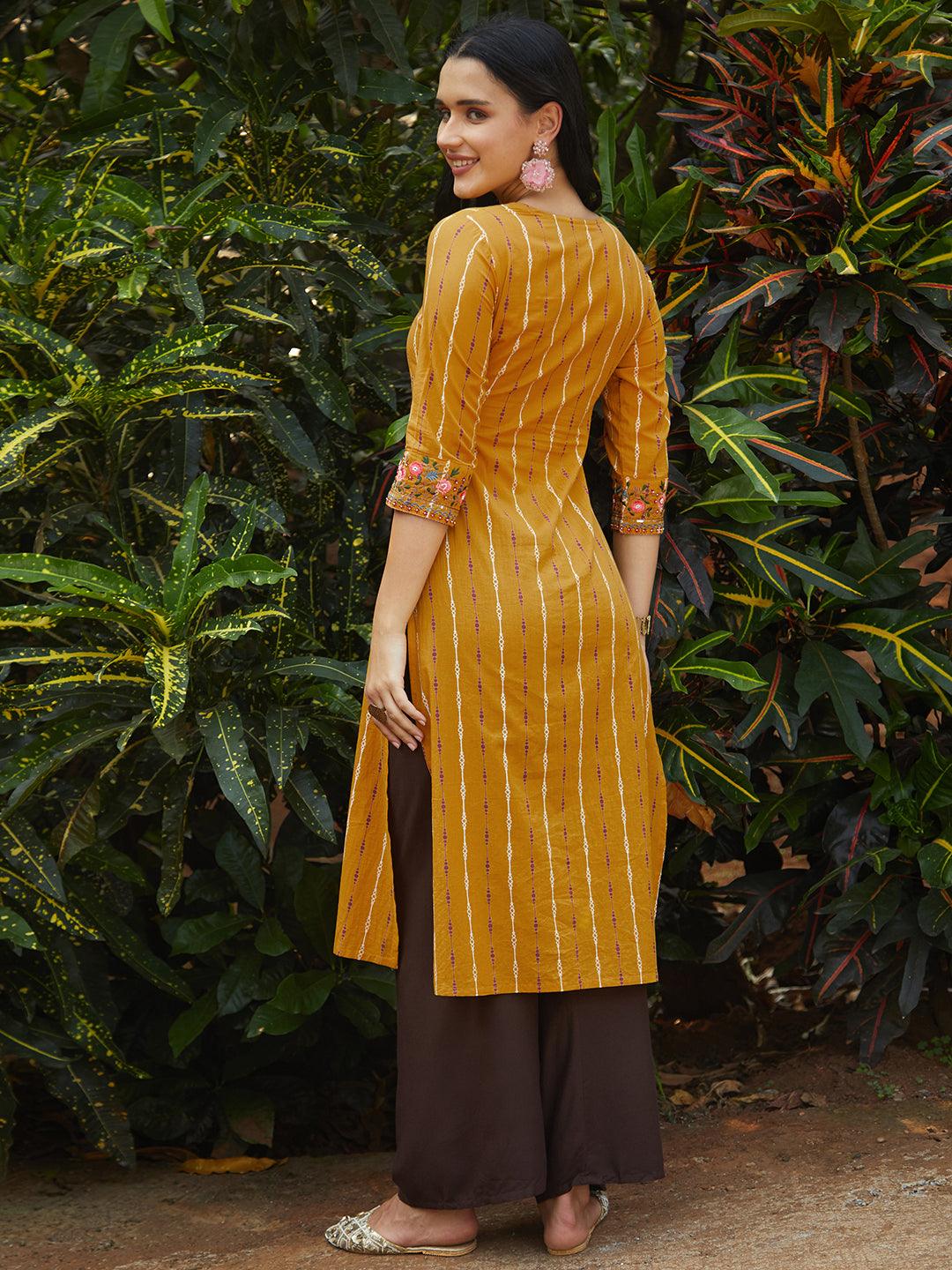 Ethnic Printed & Embroidered Straight Fit Kurta – Mustard - Indiakreations