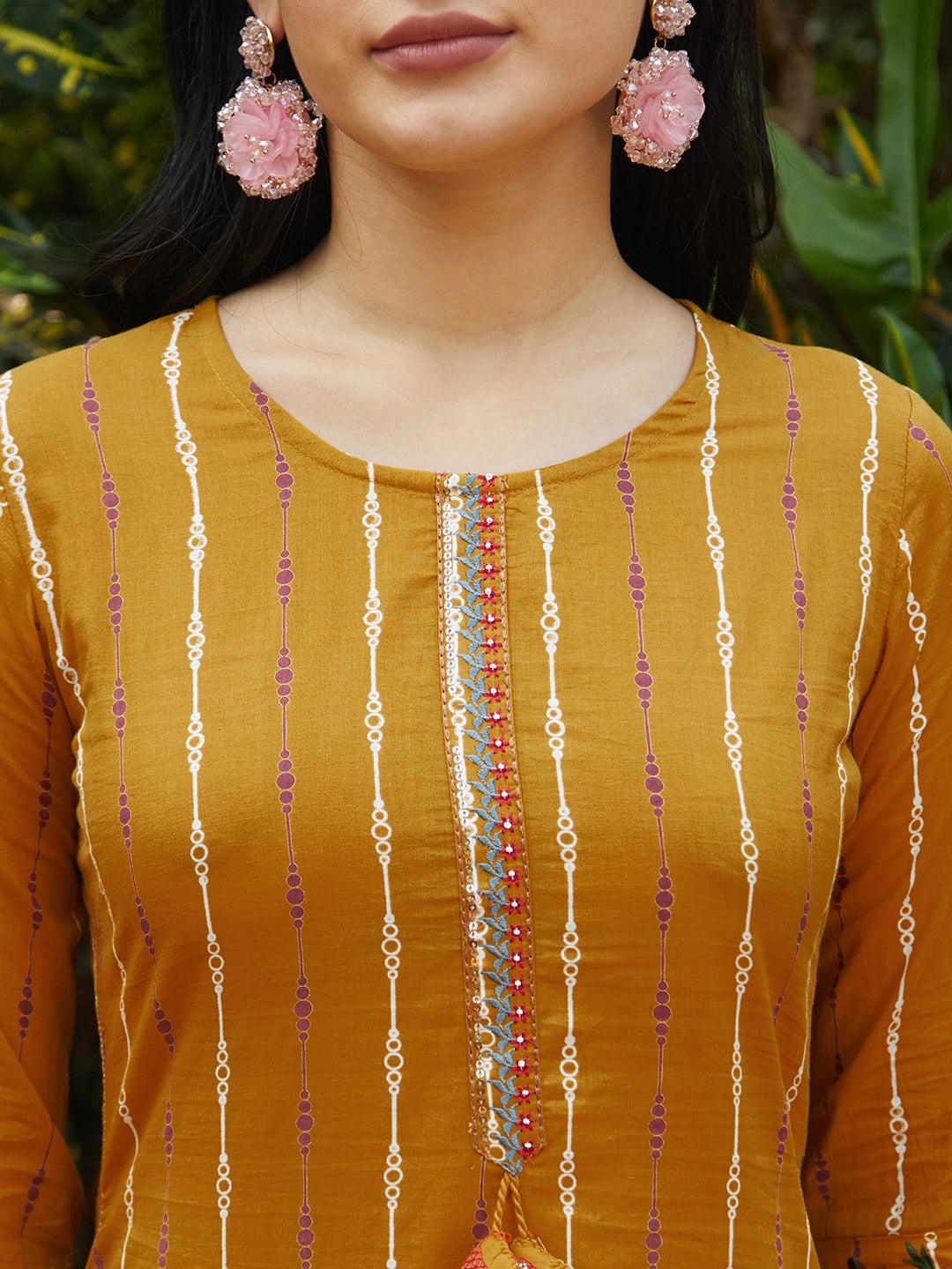 Ethnic Printed & Embroidered Straight Fit Kurta – Mustard - Indiakreations