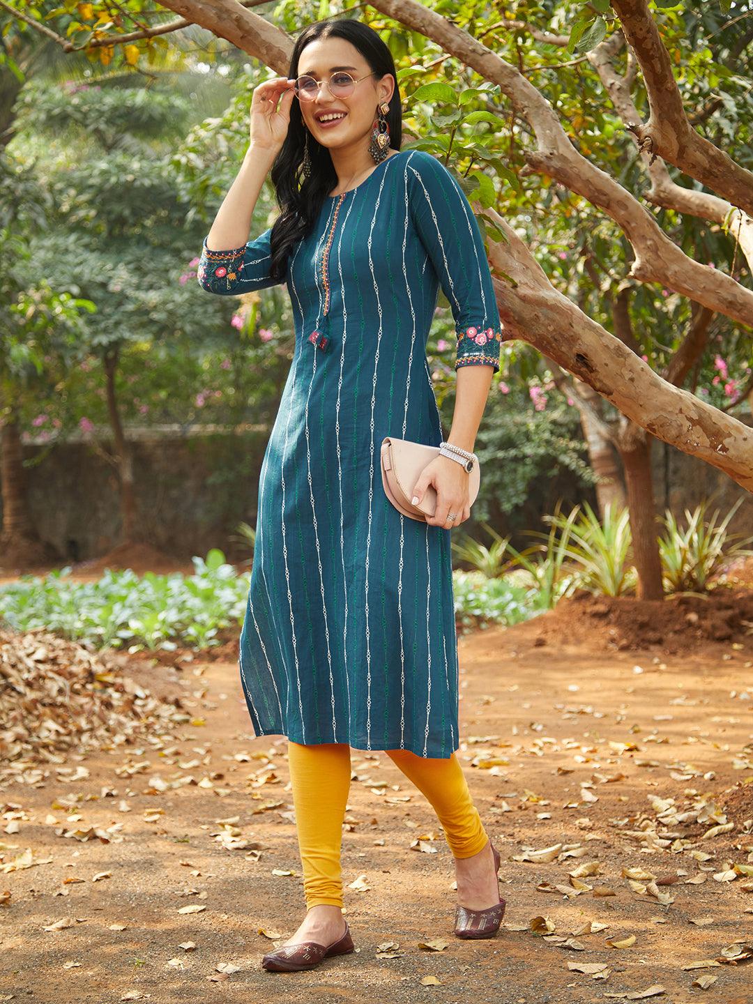 Ethnic Printed & Embroidered Straight Fit Kurta – Teal Blue - Indiakreations