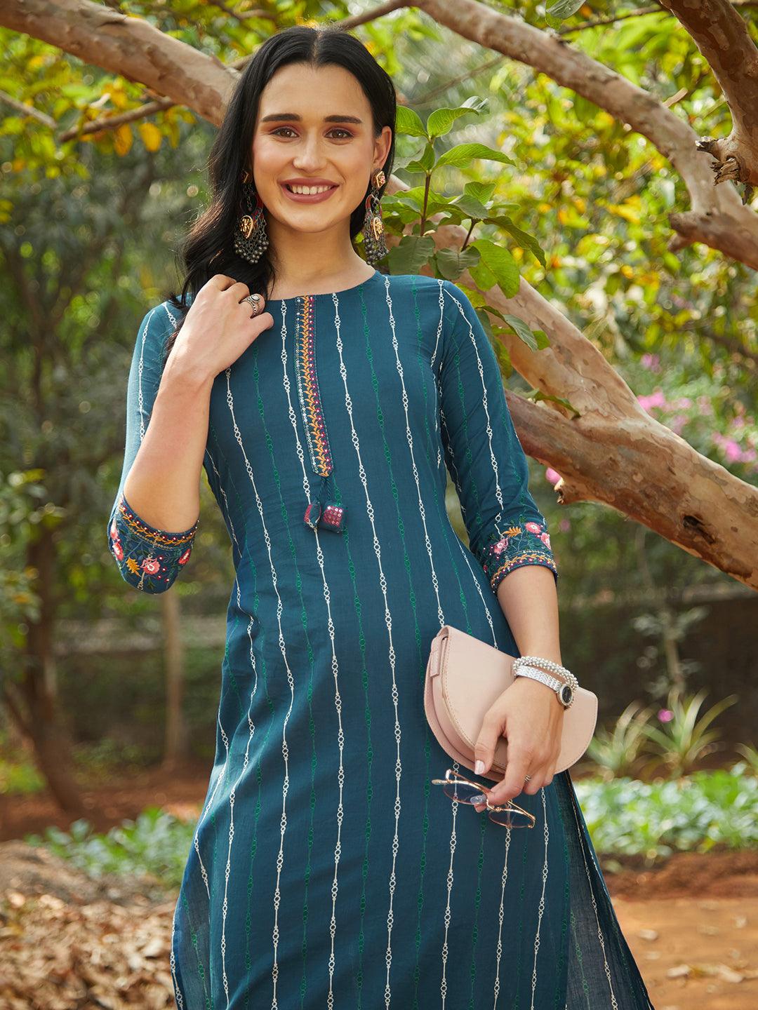 Ethnic Printed & Embroidered Straight Fit Kurta – Teal Blue - Indiakreations