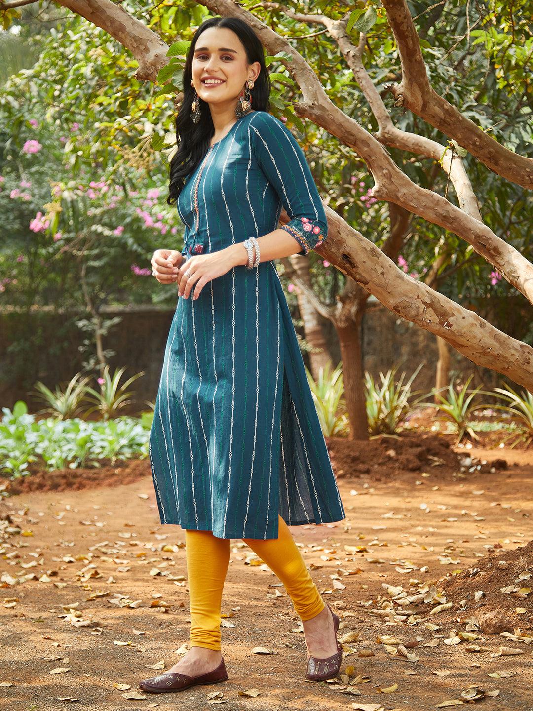 Ethnic Printed & Embroidered Straight Fit Kurta – Teal Blue - Indiakreations