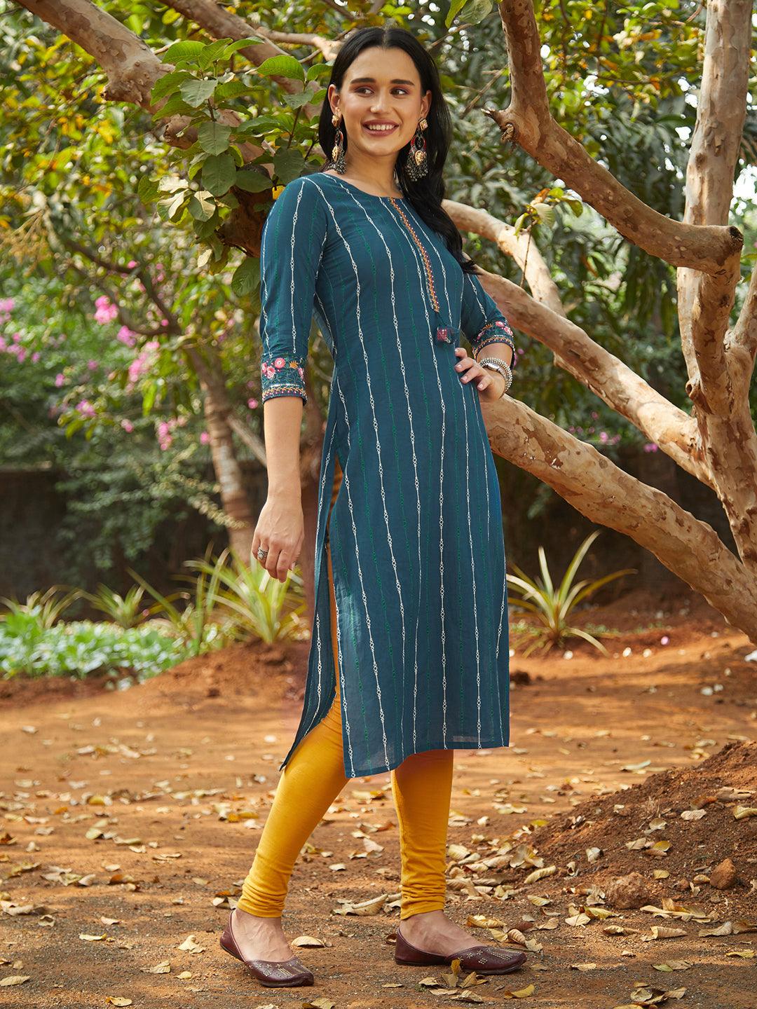 Ethnic Printed & Embroidered Straight Fit Kurta – Teal Blue - Indiakreations