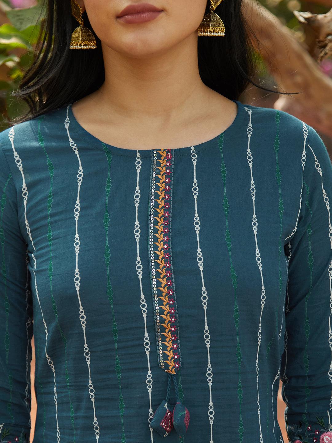 Ethnic Printed & Embroidered Straight Fit Kurta – Teal Blue - Indiakreations