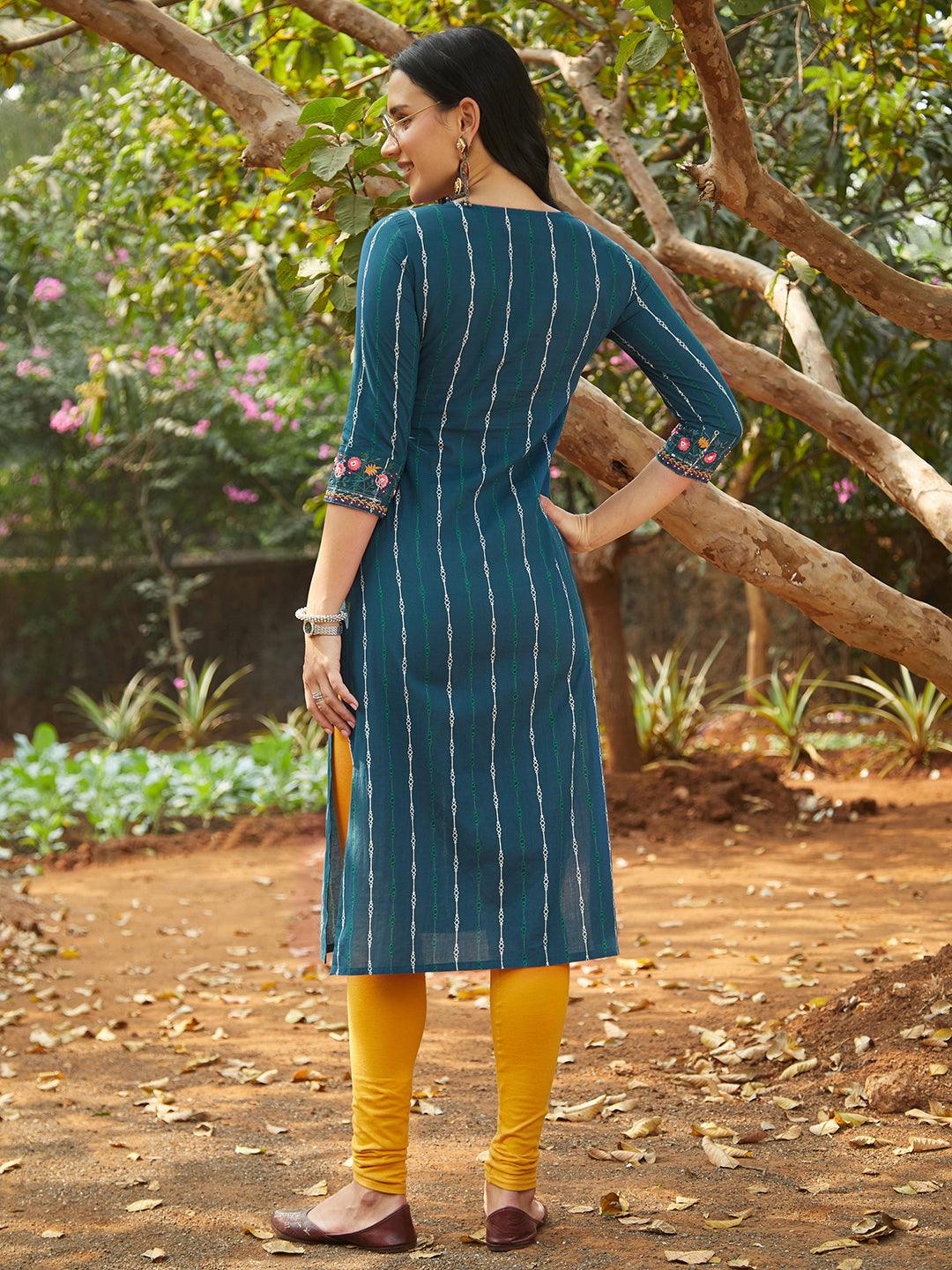 Ethnic Printed & Embroidered Straight Fit Kurta – Teal Blue - Indiakreations