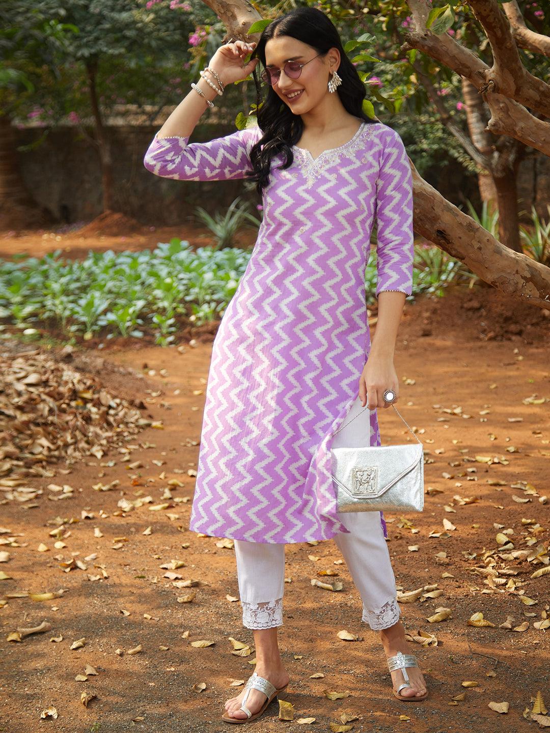 Ethnic Printed & Embroidered Straight Fit Kurta - Purple - Indiakreations