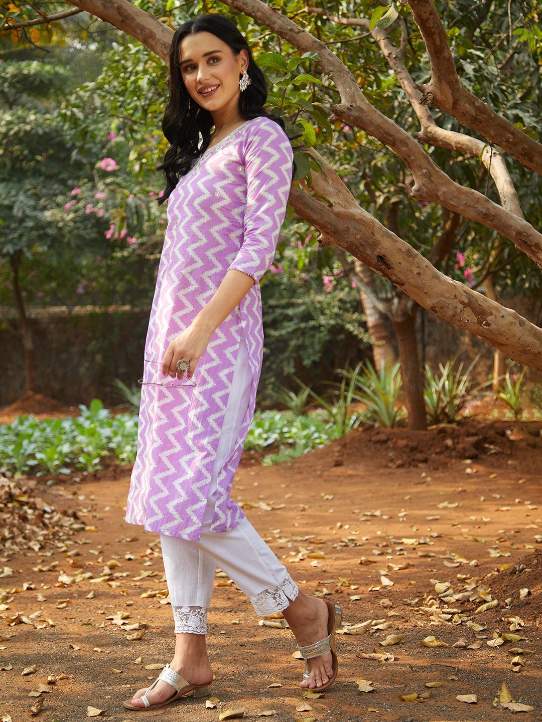 Ethnic Printed & Embroidered Straight Fit Kurta - Purple - Indiakreations