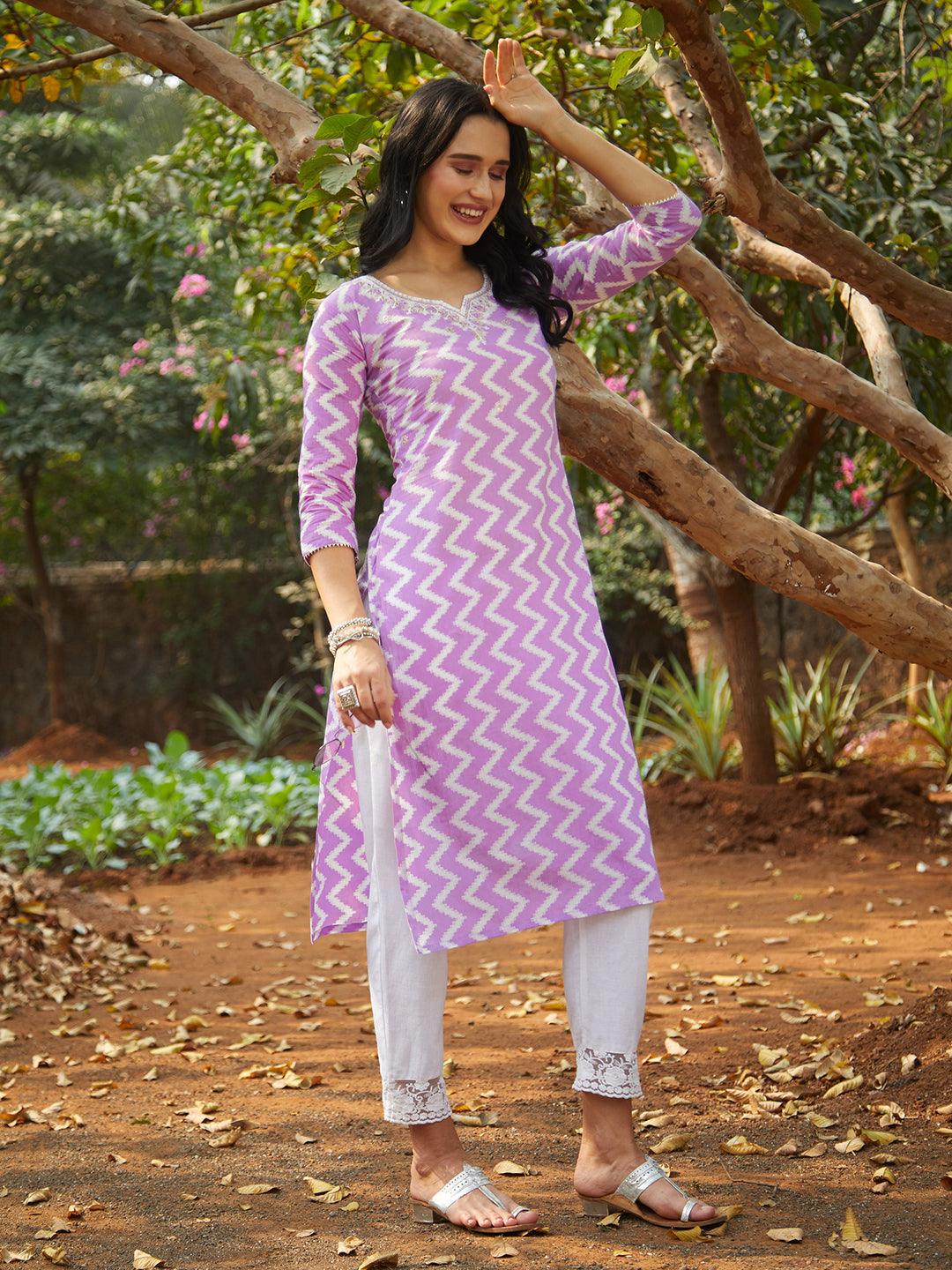 Ethnic Printed & Embroidered Straight Fit Kurta - Purple - Indiakreations