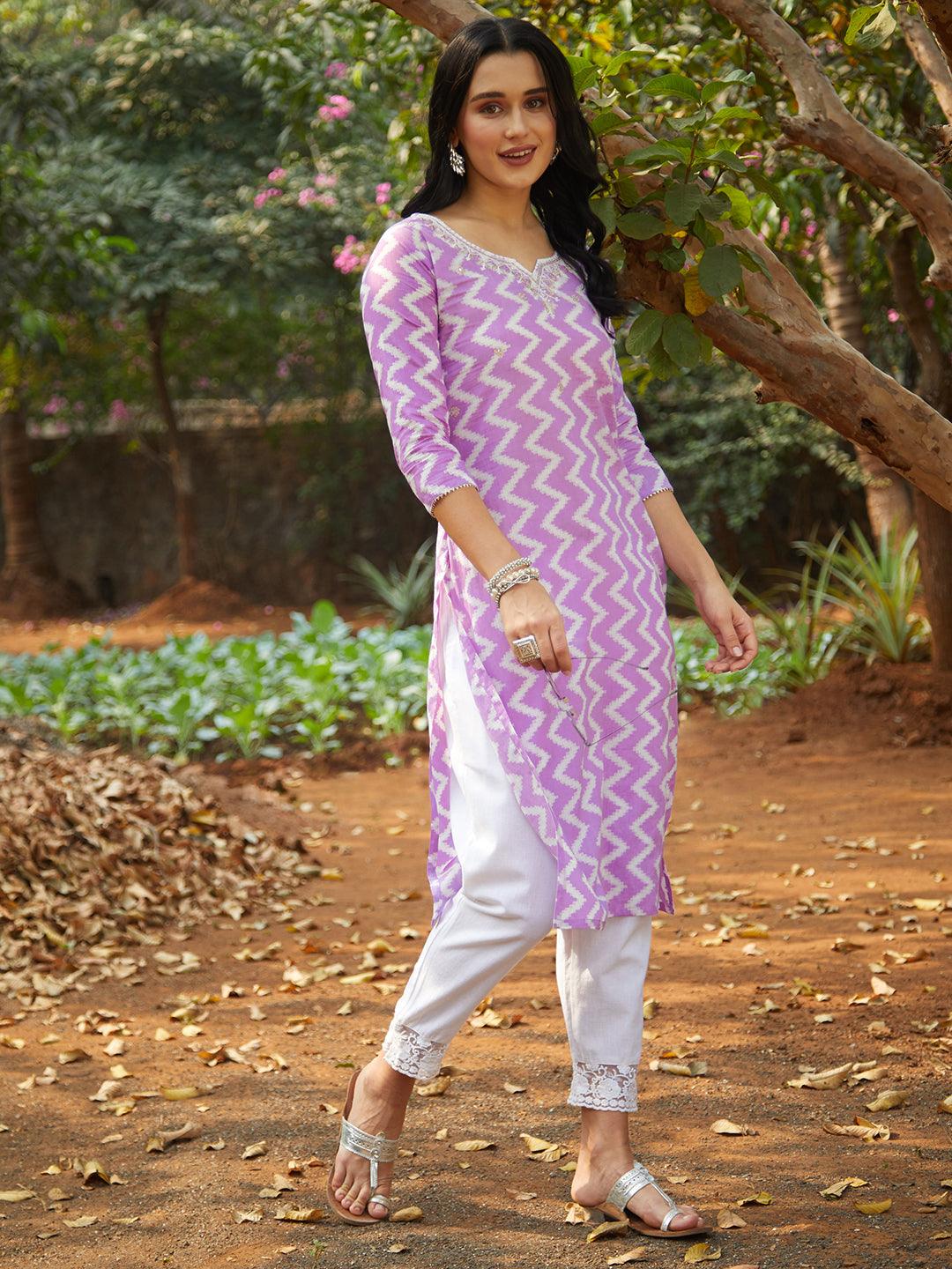 Ethnic Printed & Embroidered Straight Fit Kurta - Purple - Indiakreations