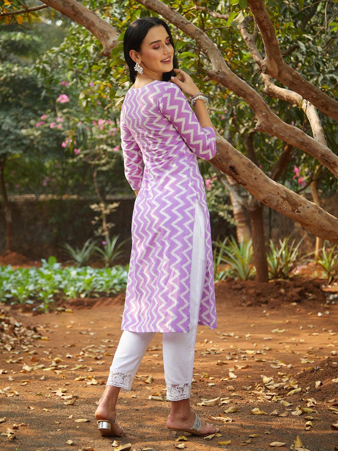 Ethnic Printed & Embroidered Straight Fit Kurta - Purple - Indiakreations