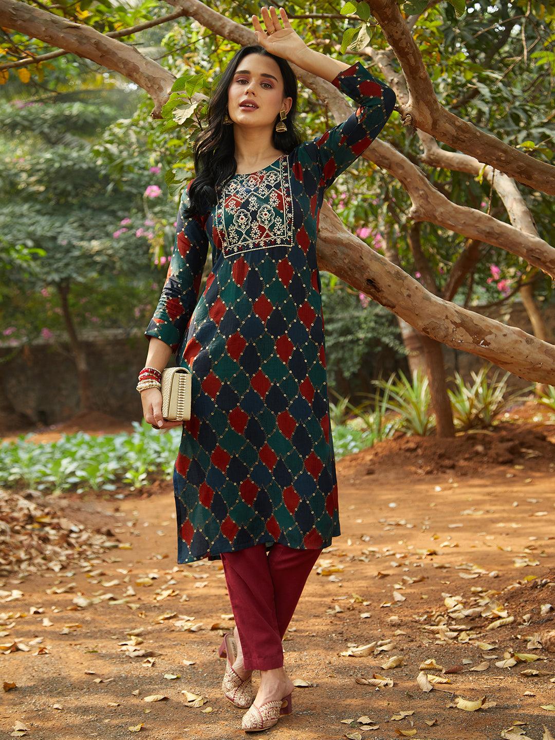 Mosaic & Foil Printed Resham Embroidered Kurta - Navy Blue & Green - Indiakreations