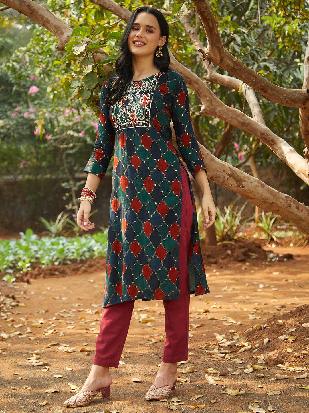 Mosaic & Foil Printed Resham Embroidered Kurta - Navy Blue & Green - Indiakreations