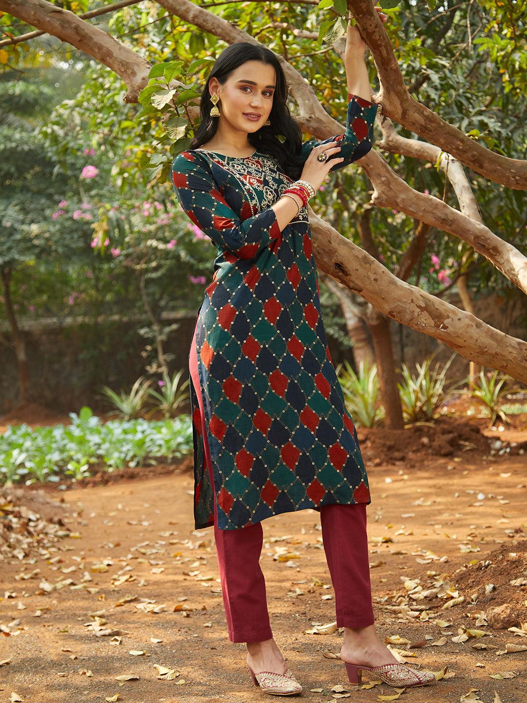 Mosaic & Foil Printed Resham Embroidered Kurta - Navy Blue & Green - Indiakreations