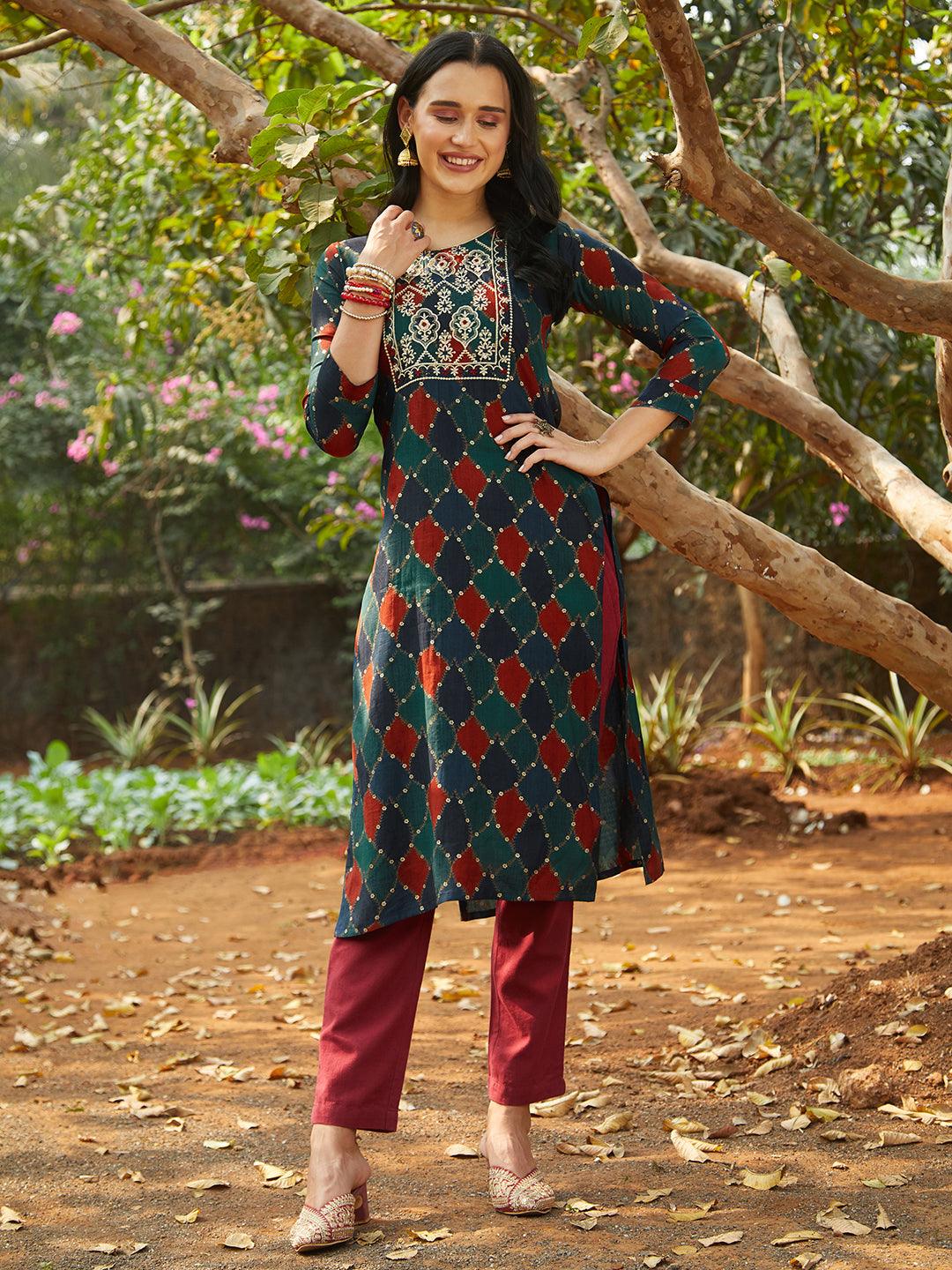 Mosaic & Foil Printed Resham Embroidered Kurta - Navy Blue & Green - Indiakreations