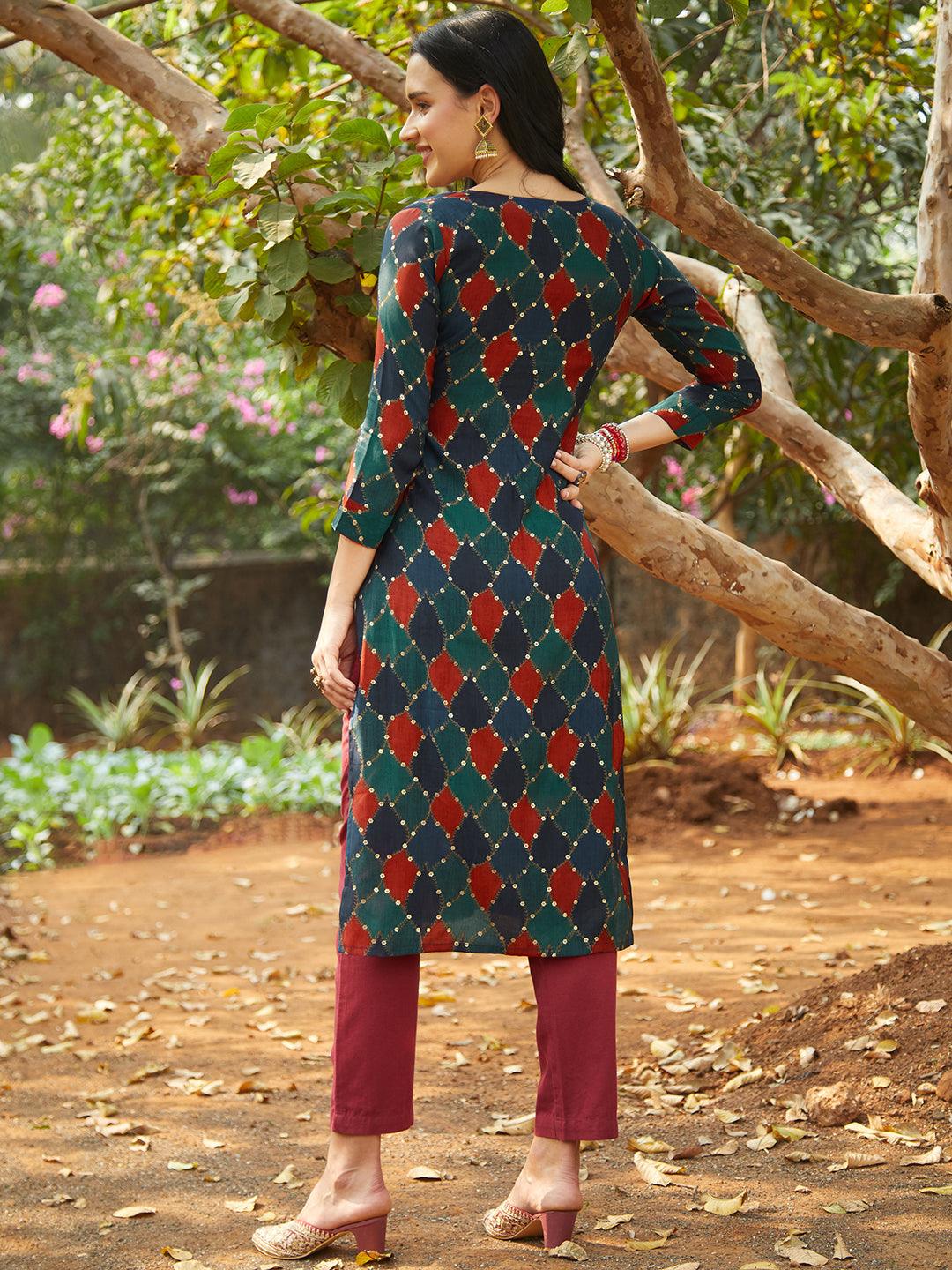 Mosaic & Foil Printed Resham Embroidered Kurta - Navy Blue & Green - Indiakreations