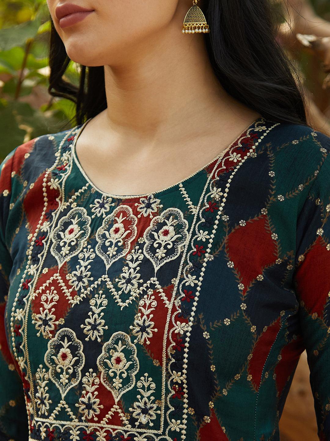 Mosaic & Foil Printed Resham Embroidered Kurta - Navy Blue & Green - Indiakreations